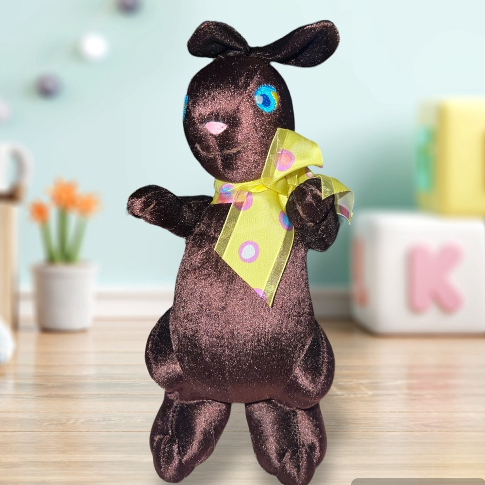 Rare Bestever Chocolate Bunny Plush Yellow Polka Dot Ribbon Embroidered Face